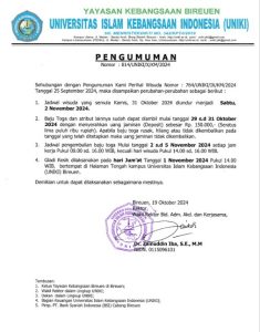Pengumuman Perubahan Jadwal Wisuda, Sehubungan Dengan Surat Nomor : 764/UNIKI/I/KM/2024