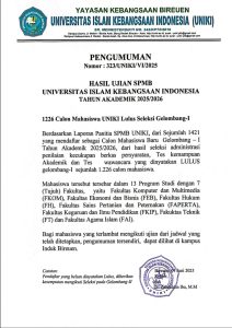 Pengumuman Hasil Ujian SPMB Universitas Islam Kebangsaan Indonesia Gel – 1 T.A 2025/2026