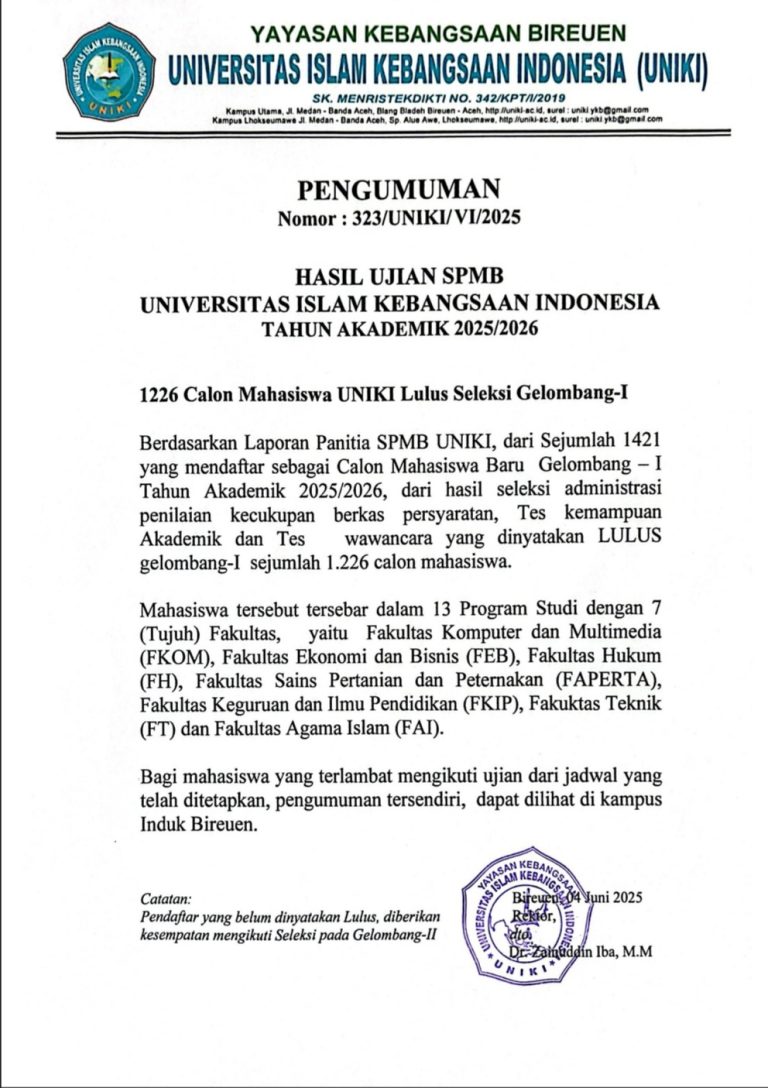 Pengumuman Hasil Ujian SPMB Universitas Islam Kebangsaan Indonesia Gel – 1 T.A 2025/2026